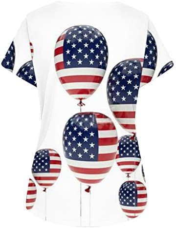 4 de julho Camisas para mulheres American Flag Summer Manga curta V-shirt pescoço com 2 bolsos Bloups
