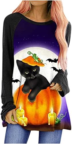 Halloween Tunic Tops for Women - Women ROVATTY CAT PULLOVER GRAPHIC FLARE BLUSH LONGE BLOUS