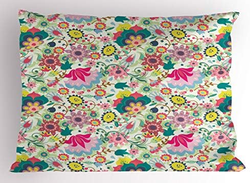 Ambesonne Floral Pillow SHAM, Motivos botânicos coloridos com várias flores e folhas, travesseiros impressos