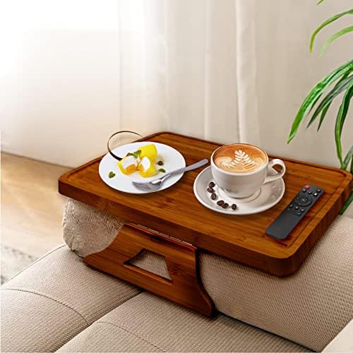 Mesa do braço do sofá, molho de bandeja de sofá de bambu na mesa lateral para sofás largos, bandeja de suporte
