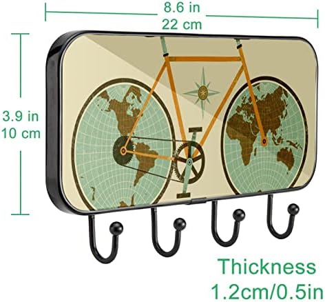 Mapa mundial retro engraçado com montagem de parede de rack de bicicleta de bicicleta, cacote de