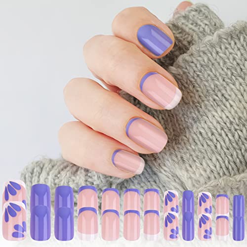 Cobee Press On Unhas Short, 24 PCs Purple French Tip Square Nails Floral Design Floral Unhas