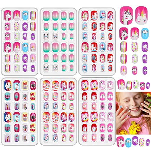 144 peças garotas pressionam unhas falsas para crianças, Acejoz Girls Unicorn False unhas Artificial
