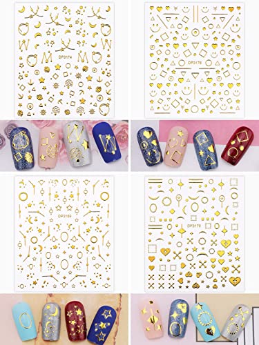 Ebanku 12 lençóis adesivos de unhas de estrela dourada auto-adesiva, 3D Gold Metallic Star Moon Sticks