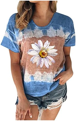 Ladies Crewneck Boat Neck Cotton Gráfico de girassol Impressão Floral Blush Blush Tee para meninas adolescentes Summer Summer S0 S0