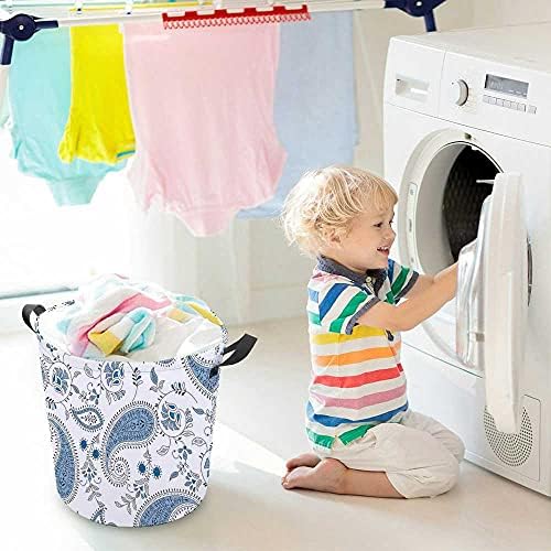 Cesta de lavanderia, cesto de lavanderia dobrável grande com alças Padrão de Paisley étnico azul, cesto de roupas, cesta de armazenamento para o banheiro quarto de lavanderia