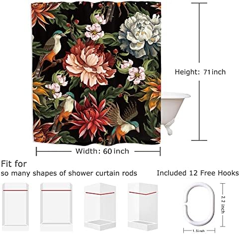 Yookeb Cortina de chuveiro de banheiro de flor preto de flor preto 60W por 71h polegadas floral floral