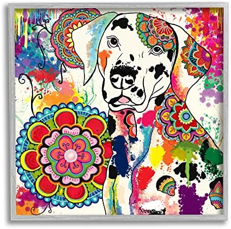 Stuell Industries Pet Labrador Dog Retrato Vibrante Boho Medallion Pattern Grey emoldurado Arte da parede, 24 x 24, multicoloria