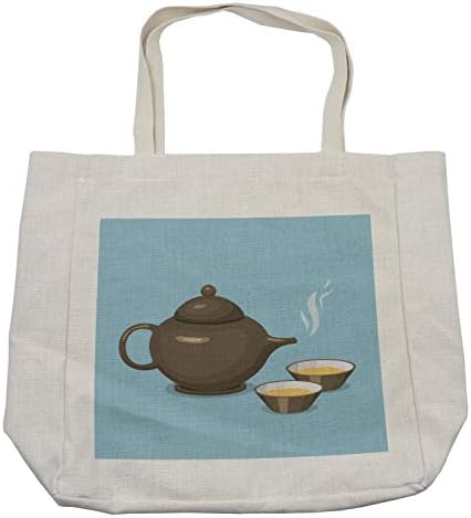 Bolsa de compras de chá de Ambesonne, chaleira com xícaras de bebida de bebida de bebida da manhã Design de