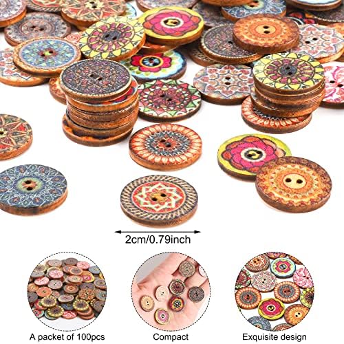 Botões de madeira colorida de 100 pcs, botões retrô naturais de 20 mm/0,78 polegadas, botões vintage