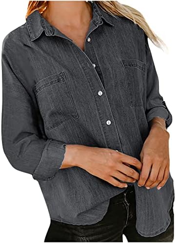 Camisas de jeans de cllios para mulheres botões modernos de manga comprida túnica de túnica solta túnica