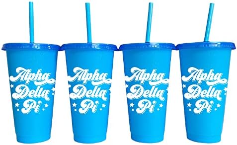 Loja de irmandade Alpha Delta Pi Glitter Cups Chars - pacote de 4 xícaras reutilizáveis ​​com tampas e canudos,