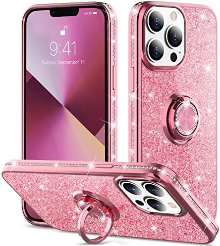 Love 3000 projetado para iPhone 12 Case e iPhone 12 Pro Case, com [Ring Kickstand] Glitter Sparkle Bling Diamante