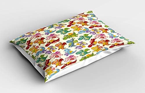 Ambesonne Cartoon Pillow Sham, amoroso Dinasours felizes e perigosos em estampa de cor de arco -íris, travesseiro de tamanho padrão decorativo, 26 x 20, multicolor