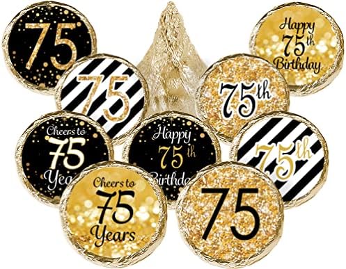 Black and Gold 75th Birthday Party Favor Stickers - 180 etiquetas