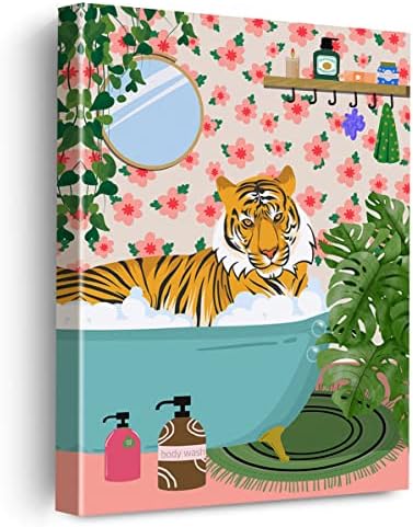 Tigre em Bathtub Canvas Poster Pintura Arte da parede do banheiro, Picture Botanical Jungle Tiger Picture Obra de arte emoldurada pronta para pendurar para banheiro decoração de parede de banheiro 12 x 15 polegadas