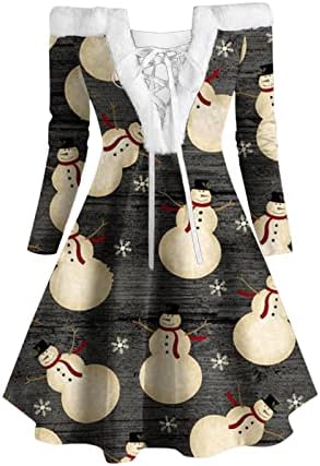 Vestido de Natal para mulheres Sexy Off ombre Lace Up V Velvet Dress Xmas Snowflake Graphic Swing Swing Dresses