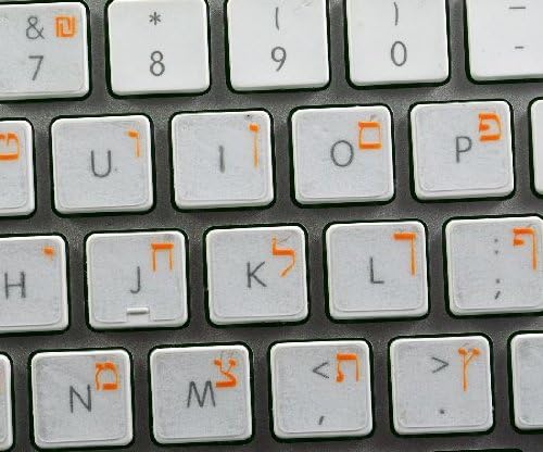 Adesivos de teclado hebraico com letras laranja em trabalho de fundo transparente com maçã