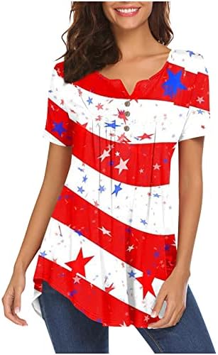 Adhowbew 4 de julho Camisas mulheres Manga curta V Nech American Flag Stars patrióticos Estrelas