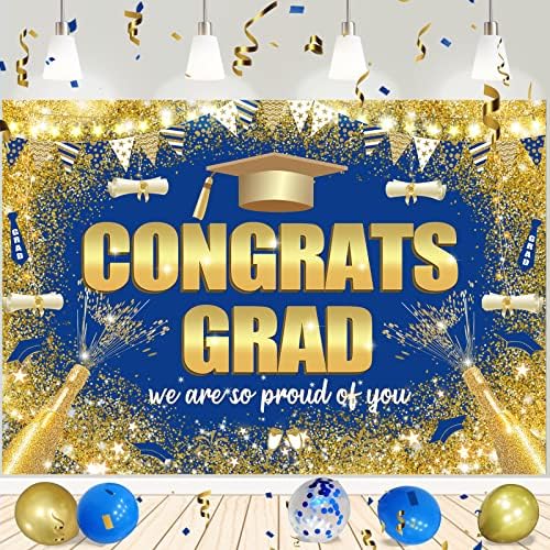 Azul e dourado Parabéns Banner de graduação 2023 Photo Banner de formatura Decorações de festa 2023 Classe