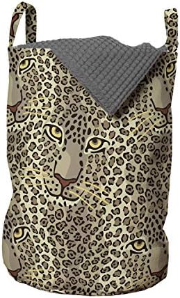 Bolsa de lavanderia com estampa de leopardo de Ambesonne, desenho animado repetitivo Leo Wild Big Cat Faces em tons de terra natural, cesto de cesto com alças fechamento de cordão para lavanderias, 13 x 19, escuro tan multicolor