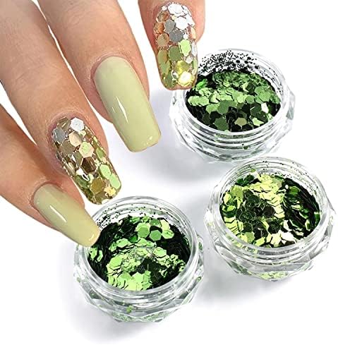 Green Hexagon Holography Nail Art Glitter 3 Packs Green Unhel Hexágono Art Paillettes Ultra Fin Flake para