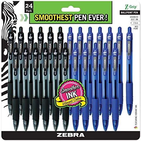 Zebra, pacote a granel de 24 canetas de tinta, canetas de esfera retráteis de garra z ponto médio 1,0 mm, 12 preto e 12 canetas azuis combo pacote