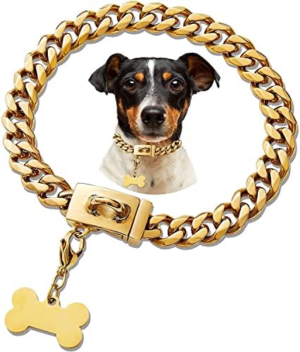 Colar da corrente de cães de ouro, colar de 18k com fivela segura, colares de metal de aço inoxidável, cadeia