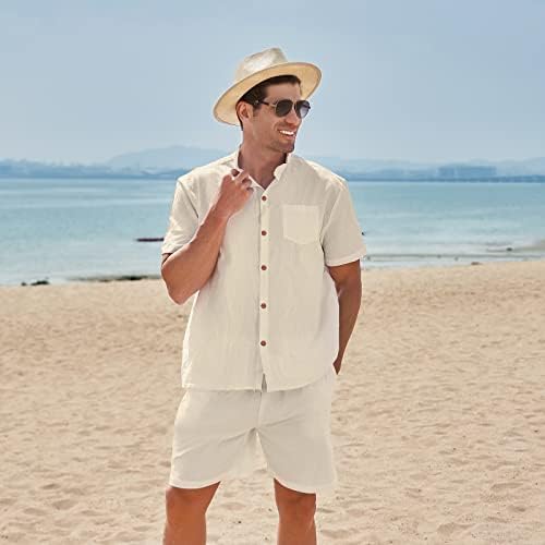 Camisa de manga curta de linho masculina de caluomatt, camisa de manga curta e calça de cintura