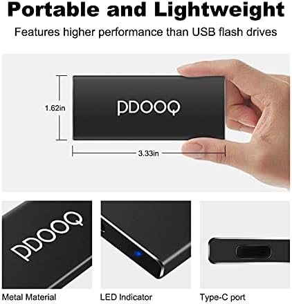 PDOOQ SSD portátil, SSD externo Leia até 500 MB/S & Escreva até 450MB/S USB 3.1 Tipo-C Ultra-Slim Solid State