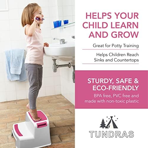 Extra Sturdy Two Step Kids Step Stools - 2 pacote, rosa - criança, etapas de segurança para crianças para o banheiro, cozinha e vaso sanitário treinamento - pés não deslizantes, punho de atrito texturizado, alça de transporte, empilhável