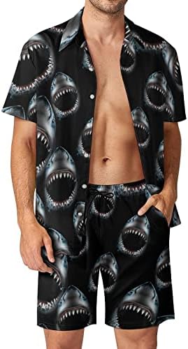 Great White Shark Men 2 peças Roupas de praia Button Hawaiian Down Down Manga Short e ternos de shorts