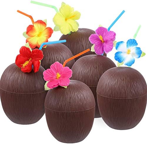 Tendycoco Coco de coques de coques para a festa infantil havaiana luau com canudos de flores tiki e uma festa temática de praia divertida bebida coquetel de decoração de coquetéis 12pcs