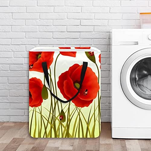 Joaninhas de ladrão de flores de papoula vermelha cesto de roupa, cesta de lavanderia dobrável