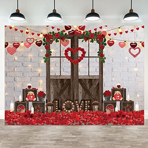 Hilioens 7 × 5ft Feliz dia dos namorados fotografia cenários de tijolos Porta de madeira Red Rose Love Love