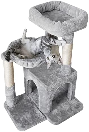 Árvore de gatos pesofer, pequena torre de gato com sisal arranhando postagem e hammock cinza claro