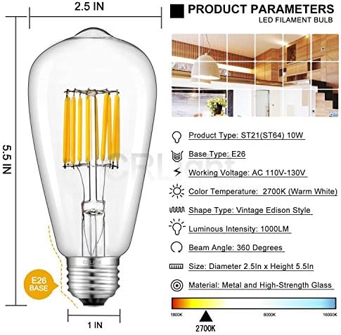 Crlight 10W LED Edison Bulb 100W equivalente 1000lm, 2700k Base média e26 quente e 2700k, lâmpadas de filamento de vidro transparente vintage, lâmpadas não minúsculas, pacote de 3