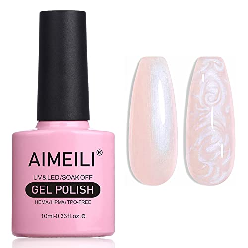 Esmalte de gel de pérola rosa claro Aimeili, Gel de unhas de sereia Shimmer absorve U V Gel Polish