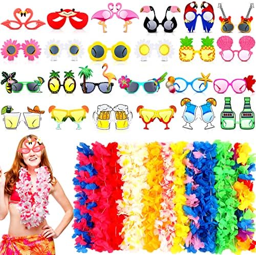 24 pares de óculos havaianos e 24 PCs de colares de les havaianos, favores de festa tropical de óculos