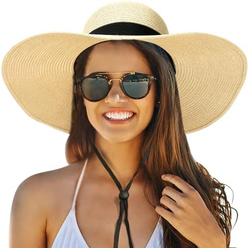 Chapéus de praia para mulheres, Chapéu de sol dobrável Proteção UV feminina, chapéus de largura de boho para mulheres, hat de papel de palha de palha flexível