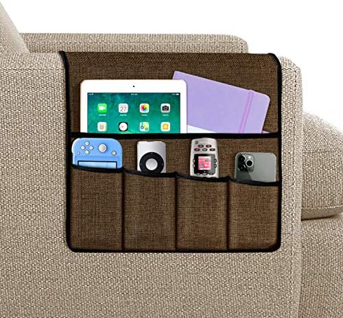Joywell Armchair Caddy, suporte de controle remoto para sofá poltrona, organizador de apoio de sofá com 5 bolsos para revistas, livros, telefone celular, iPad, chocolate escuro