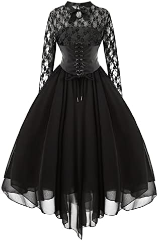 Vestido de renda gótica preta feminina feminino de manga longa de manga comprida