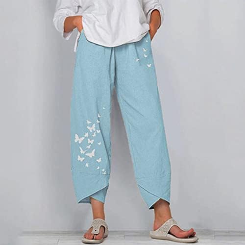 Calça de linho de algodão calças de verão casuais de verão com bolsos de cintura alta calças de praia confortáveis ​​calças de harém floral