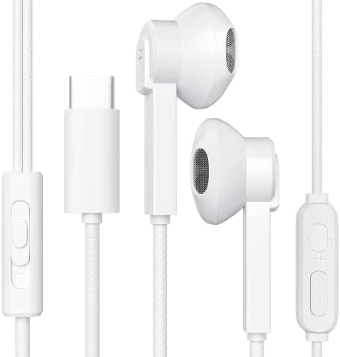 Fones de ouvido USB C, fones de ouvido estéreo HiFi tipo C com microfone, controle de volume compatível com o Samsung Galaxy Note 20/S22/S21/S20+Ultra/Plus, iPad Pro/Air4/mini6, Google Pixel 6/5/4/3/3/3/3/3 2-branco