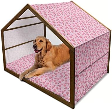 Ambesonne Day's Day Dog House, padrão contínuo de mini corações Design abstrato de árvore romântica, canil portátil