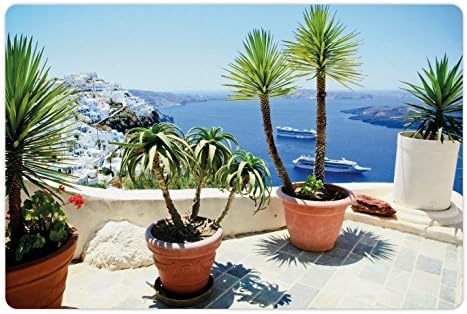 Tapa de estimação de viagem lunarable para comida e água, férias de verão em varanda de Santorini