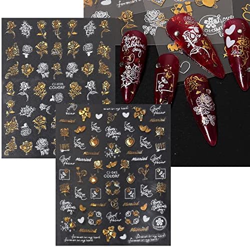 7 lençóis Golden Golden Day's Nail Art Stickers Decalques de unhas de coração dourado