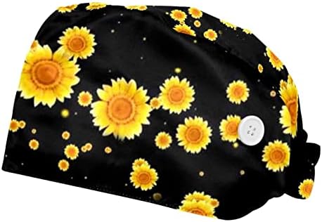 Campa de trabalho preto floral da margarida com botões de chapéu de bouffante ajustável, tampa de lavagem unissex,