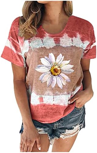Crew pescoço boat pescoço camiseta para meninas adolescentes de manga curta de algodão gráfico de girassol impressão floral casual top ae