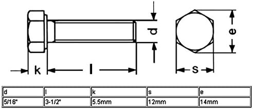 Aexit 5/16 X Peças de qualidade 3-1/2 304 Aço inoxidável rosca completa parafusos de cabeça hexáticos parafusos de 94 mm de comprimento 5pcs Modelo: 17AS580QO255